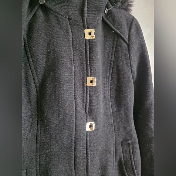 Calvin Klein Wool Blend Detachable Fur Hood Zip Coat Parka Black Gold Sz XL - Picture 2 of 16